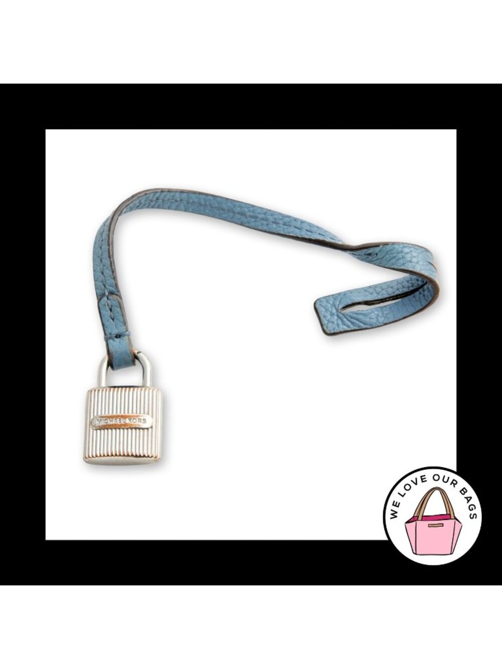 MICHAEL KORS LOCK Silver Metal Blue Leather Strap Bag Charm HangTag Keychain Fob